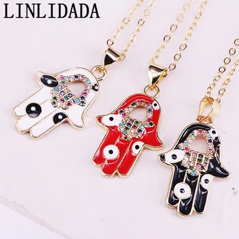 

8Pcs Mix color Enamel with Rainbow CZ Pave Hamsa Hand Pendant Necklace Statement Women Girl Jewelry