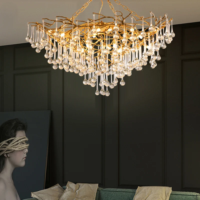 

Люстра из медных веток в европейском стиле, простая светильник Роскошная лампа из хрустального стекла для гостиной, виллы, столовой
