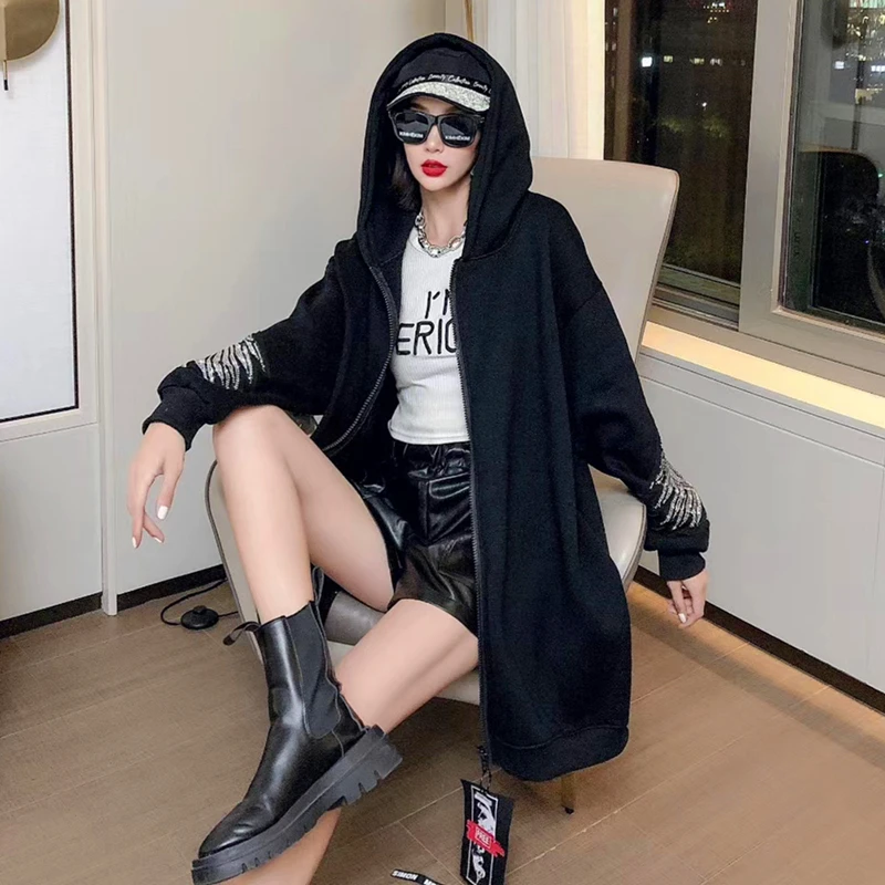 

Tide brand hot drilling wings Personality lazy wind Long Women's Jacket autumn all-match hooded Jacket plus velvet casual Coat