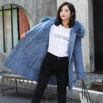 

Solid Color Long Hooded Thickened Loose Warm Cotton Jacket Big Fur Collar Wool Liner Winter Ladies Parker Coat 2020 Fashion New