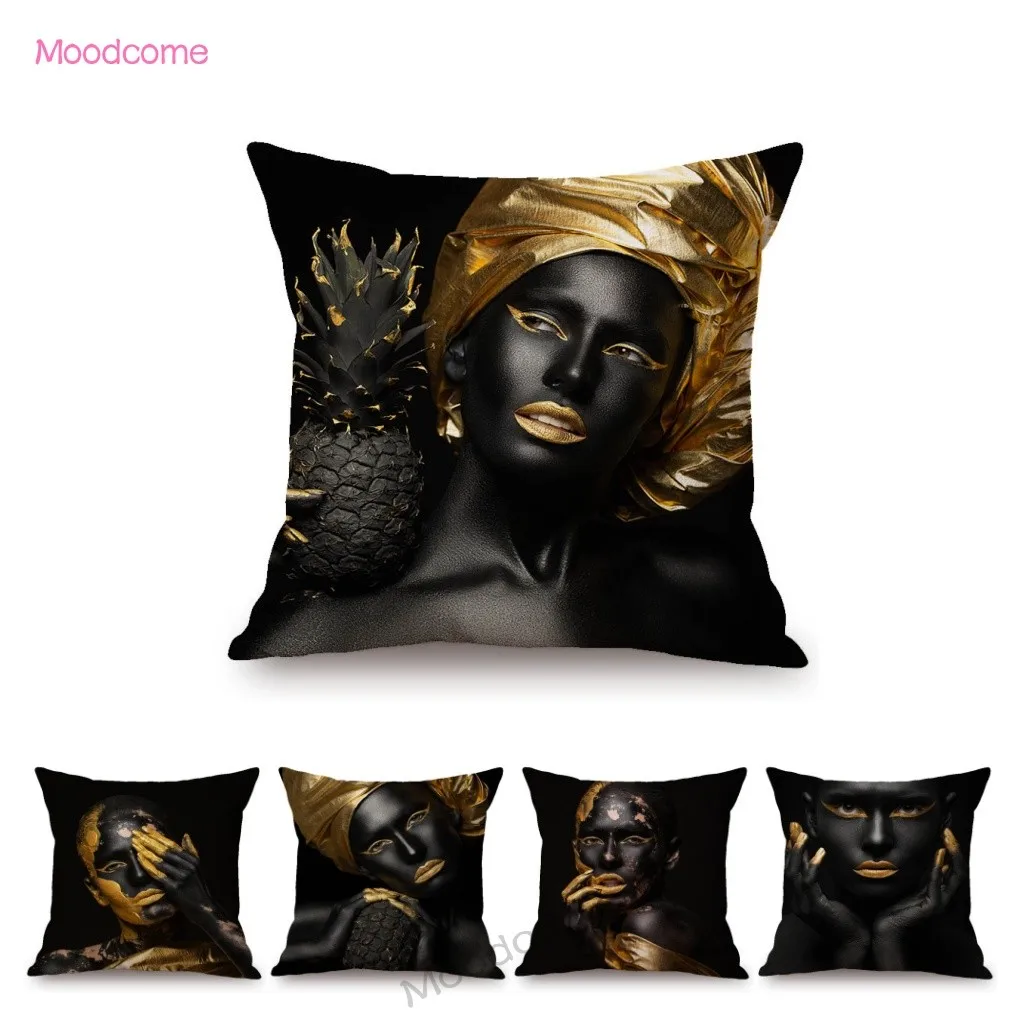 

Black Gold African Lady Girl Style Modern Fashion Living Room Luxury Looking Decoration Art Sofa Pillow Case Linen Cushion Cover