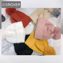 VISROVER 7 colorsways акриловая зимняя Женская шляпка зимние Шапки с меховым помпоном для Для женщин вязаная шапка куполообразная шапочки обувь на теплом меху шапки