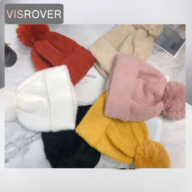 

VISROVER 7 colorsways acrylic Winter woman Bonnet Winter Hats Pompom For Women Knit Beanie Skullies Beanies Warm Caps Wholesales