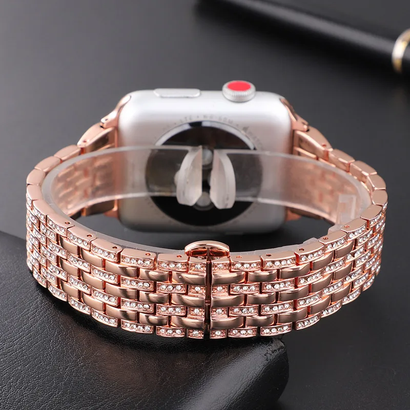 rose gold Стильный Кристалл Алмазный ремешок для Apple Watch 38 мм 42 мм 40 44 мм сменные полосы из нержавеющей стали для iWatch серии 5/4/3/2 - Цвет ремешка: rose gold