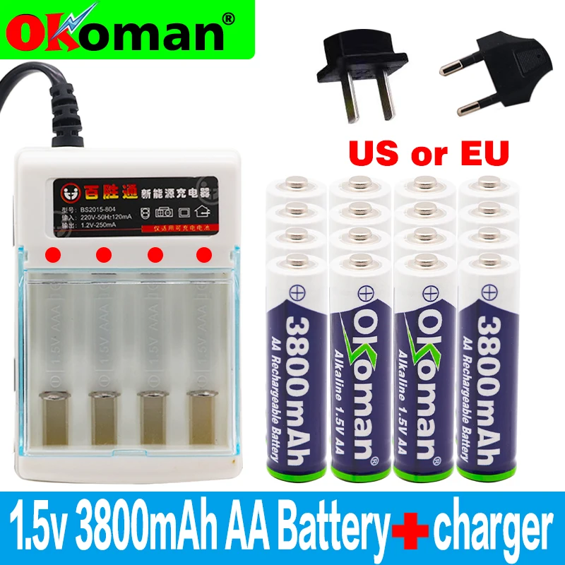Новая 1,5 V аккумуляторная батарея аа 3800mah щелочные батареи для часов игрушечный фонарик пульт дистанционного управления камера батарея+ зарядное устройство