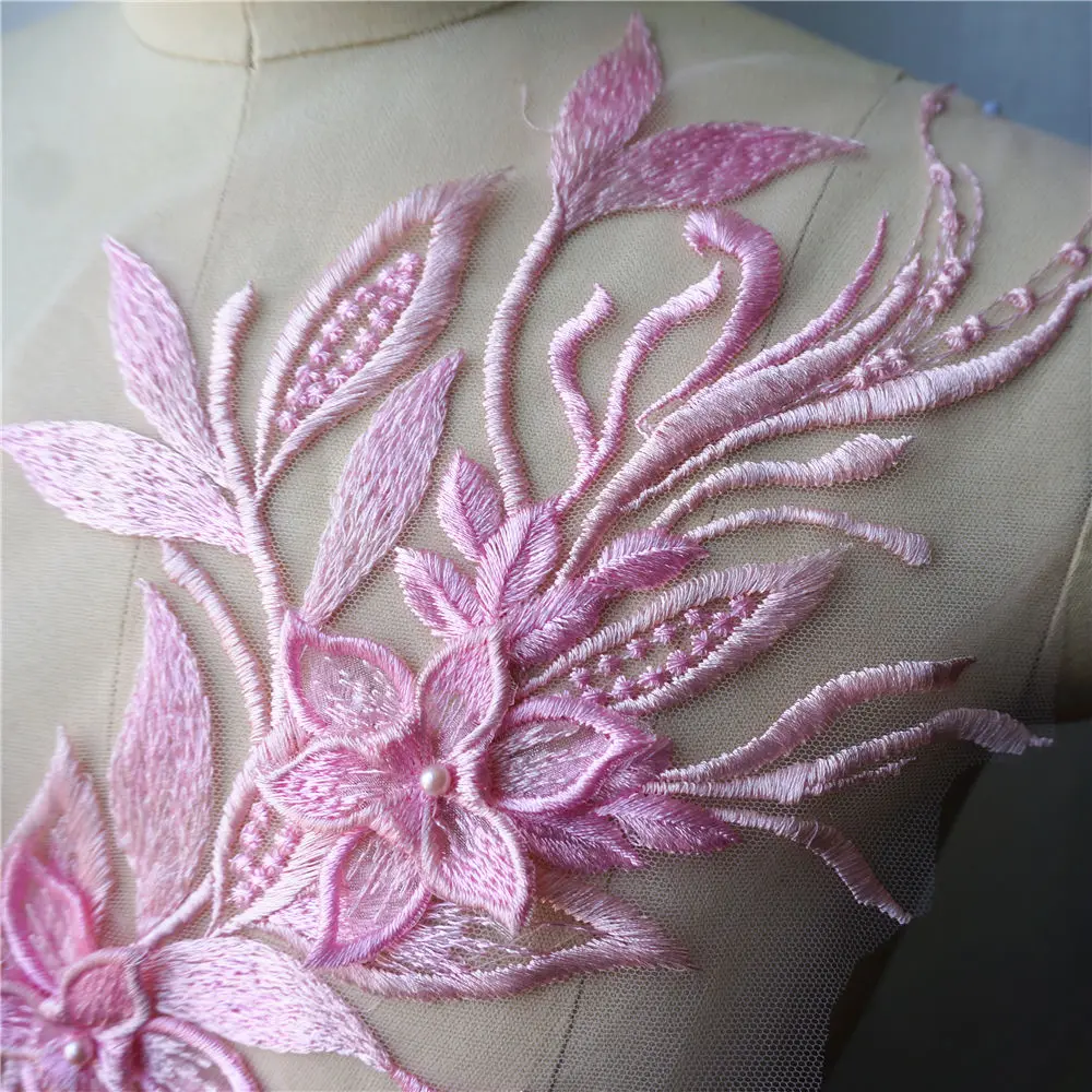 Розовая 3D Цветочная кружевная ткань для платьев оторочка с аппликацией вышитый воротник сетка пришить патч для свадебного украшения платье DIY