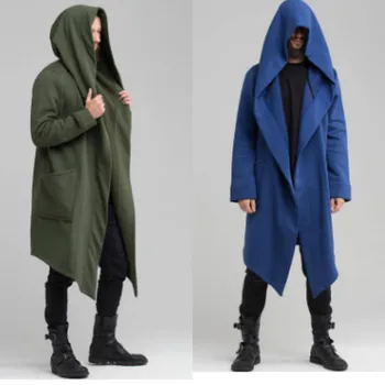 

New Style Mens Cloak Trench Coat Hooded Hip-hop Cardigan Overcoat Loose Male Windbreaker Coats M-3XL Black Army Green Blue D79