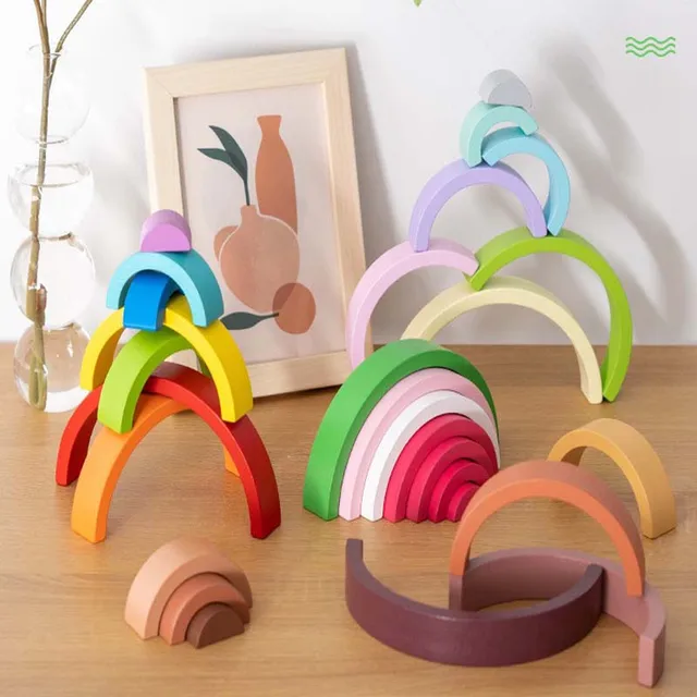 New Kids Montessori  Arch Bridge Rainbow Building Blocks Wooden Toys Baby Early Education Color Cognitive Blocks Toy 2