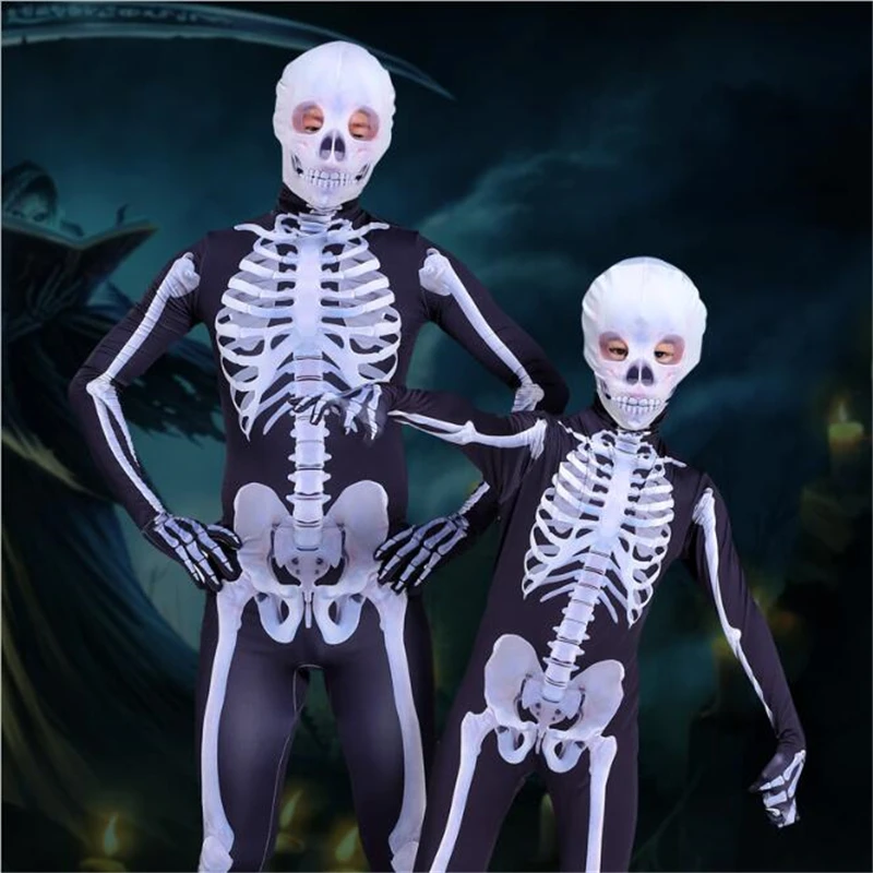 Ataullah Parent-child Halloween Costumes Print Scary Skeleton Costume Jumpsuit Skull Bone Elastic Bodysuit Children Adult DW013
