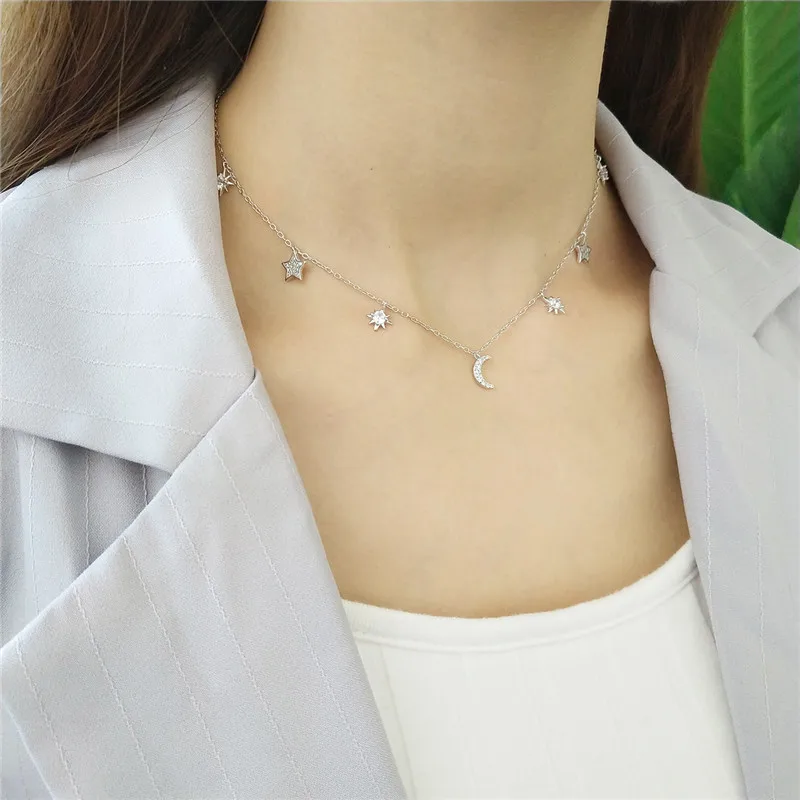 POFUNUO, корейское 925 пробы, серебряное, для девушек, студентов, ювелирное изделие, луна, звезда, шикарное ожерелье для женщин, изысканный подарок, короткое ожерелье