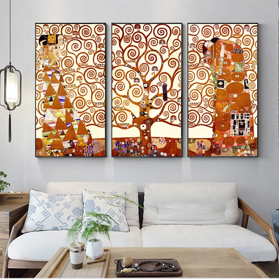 

3 Panels Gustav Klimt Kiss Canvas Art Paintings Reproductions Classical The Tree Of Life Home Decorative Canvas Prints Cuadros