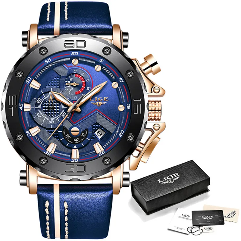 New Lige Mens Watches Top Brand Luxury Big Dial Military Quartz Watch Casual Leather Waterproo-6