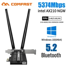 Carte adaptateur Wi fi 6E Intel AX210 PCIe sans fil, 5374 mb/s, 2.4/5Ghz/6G, 802.11ac/ax, Bluetooth 5.2, AX210NGW, double bande
