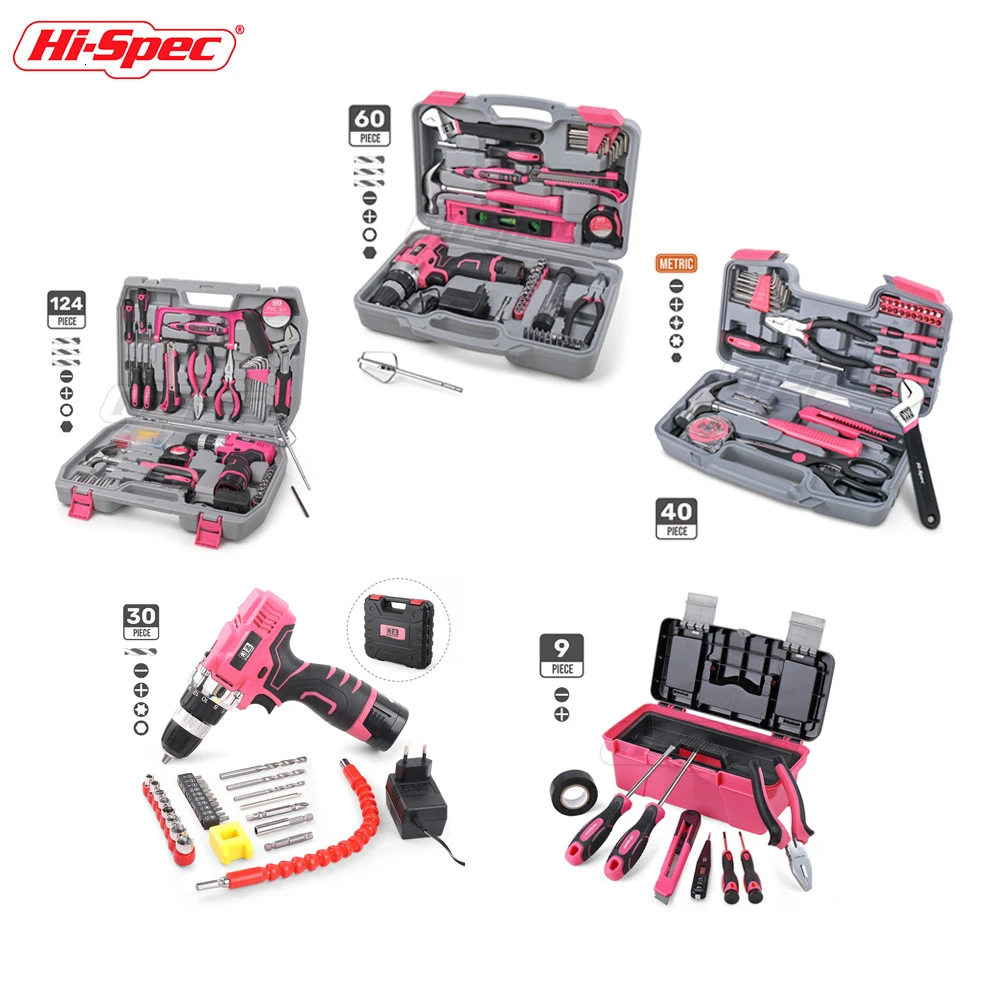 Skup Hi Spec 60 sztuk różowy zestaw narzędzi ręcznych zestaw 12V elektryczny śrubokręt akumulator litowo jonowy Gril Lady kobiety gospodarstwa domowego zestaw elektronarzędzi