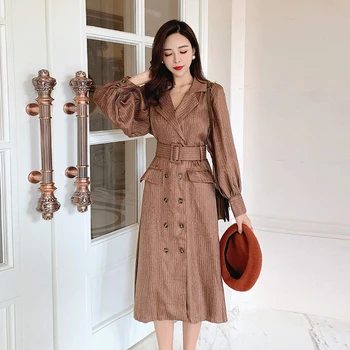 

HAMALIEL Spring Women Double-breasted Long Dress New High Quality Striped Lantern Sleeve Notched Female Vintage Belt Dresses