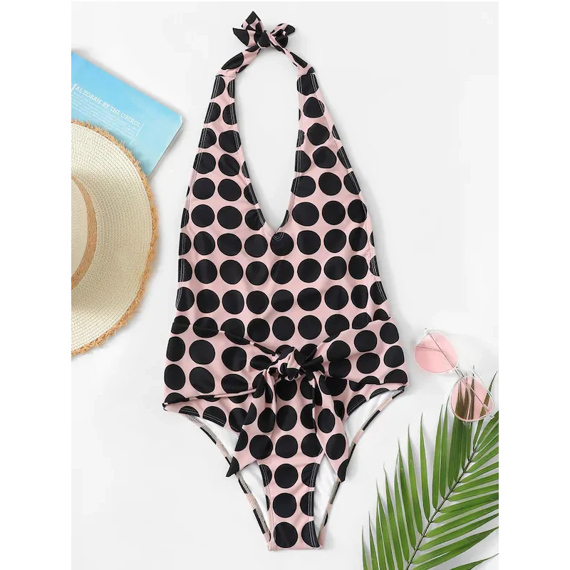 2020 New Sexy Polka Dot Monokini Women Deep V Swimsuit Backless Halter Swimwear S-L Girl Bandage Bathing Suit One Piece Suit