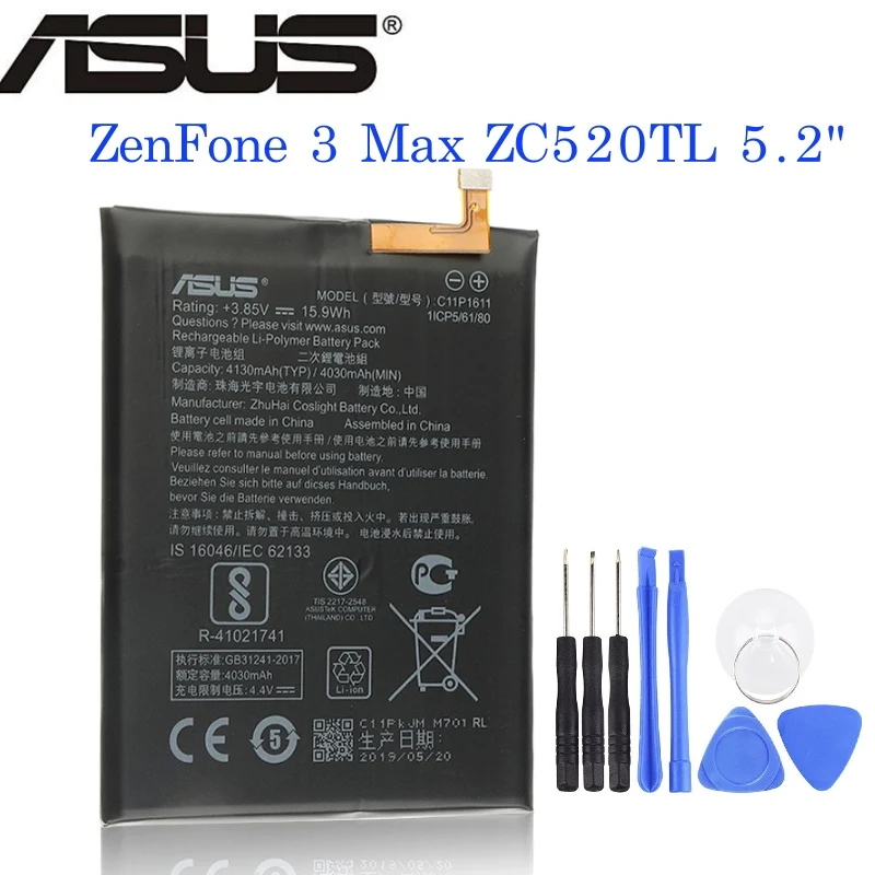 

ASUS Original Battery C11P1611 For ASUS Zenfone 3 Max Z3 Max ZC520TL X008DB 3 X008 X008D Z01B High Capacity 4130mAh+Tools