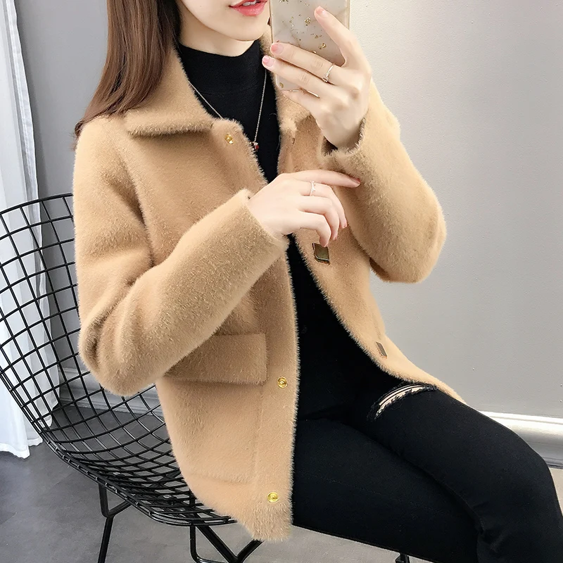 

Autumn Short Knit Coat Women Imitation Mink Cashmere 2019 New Loose Casual Sweater Cardigan Coat Female Outerwear AN295