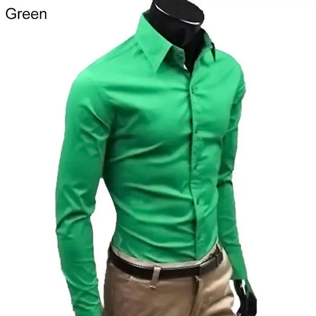 Зеленый Для мужчин стильные Повседневное однотонные Цвет Slim Fit платье рубашка с длинным рукавом Бизнес Топ - Цвет: Зеленый