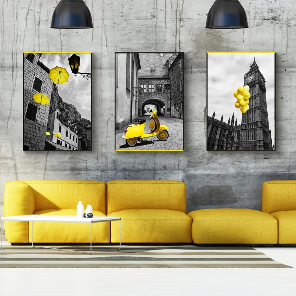 

Black Yellow Landscape Industrial Style Canvas Painting Retro Architecture Clock Tower Umbrella Posters Bedroom Decor Pictures