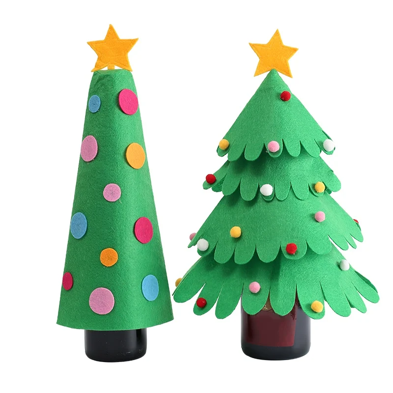 Wine Bottle Cover With Pom Poms/Dot Christmas Tree Design For Xmas Party Holiday Dinner Table Decorations