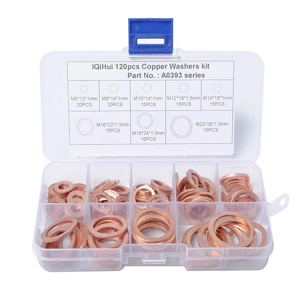 120 Pieces 8 Sizes Assorted Solid Copper Crush Washers Seal Flat Ring with Case