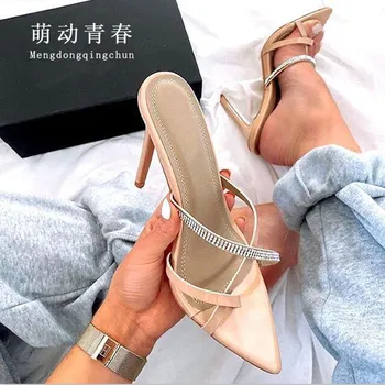 

Sexy High Heels Pointed Toe Slippers Women Crystal Rhinestones Flip Flop Slides Mujer Ladies Outdoor Casual Dress Pumps Slippers