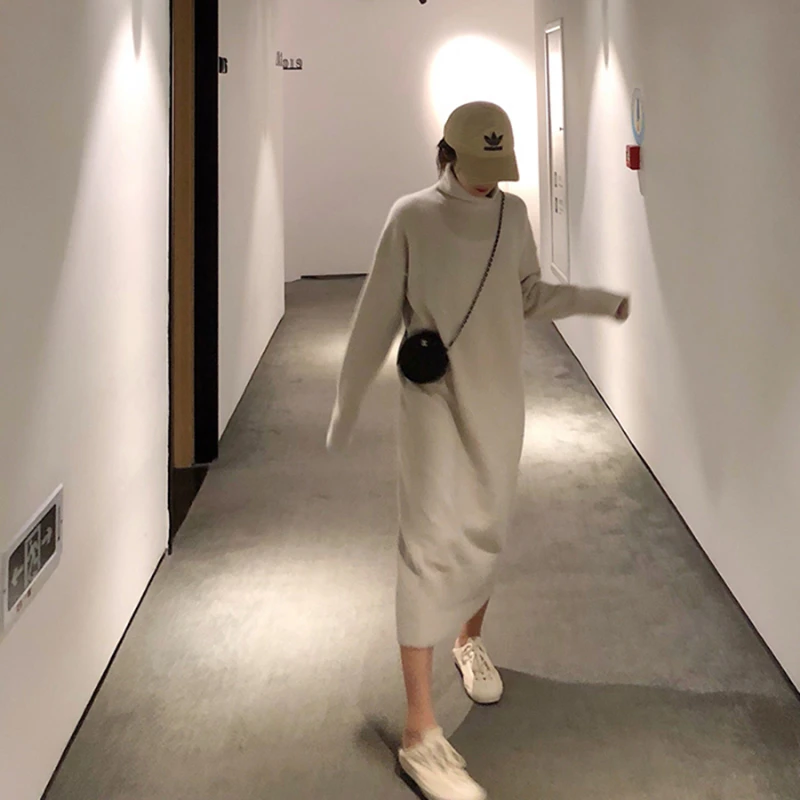 Price Turtleneck Cashmere Knitted Sweater Dress Women Autumn Spring Noodles Elastic Long Sleeve thick Pullover Winter Dress