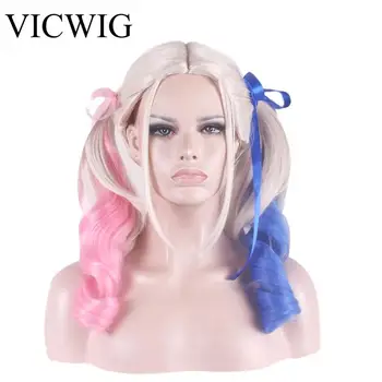 

VICWIG Suicide Squad Harleen Quinzel Cosplay Wigs Dual Horsetail Pink White Blue Tricolor Curly Synthetic Wigs For Women