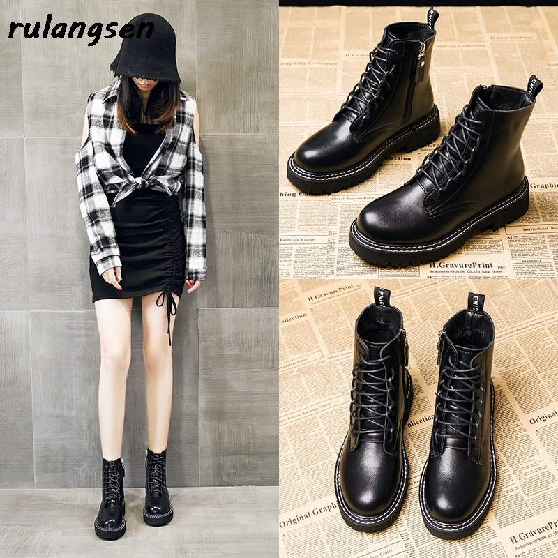 Boots Cowhide-Shoes Thick-Soled British Womens Winter And Short Wind-Turbine Autumn