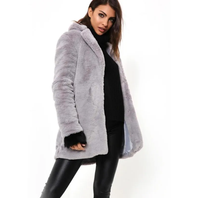 Women Fashion Warm Faux Fur Simple Concise Solid Color Mid-length Coats Winter