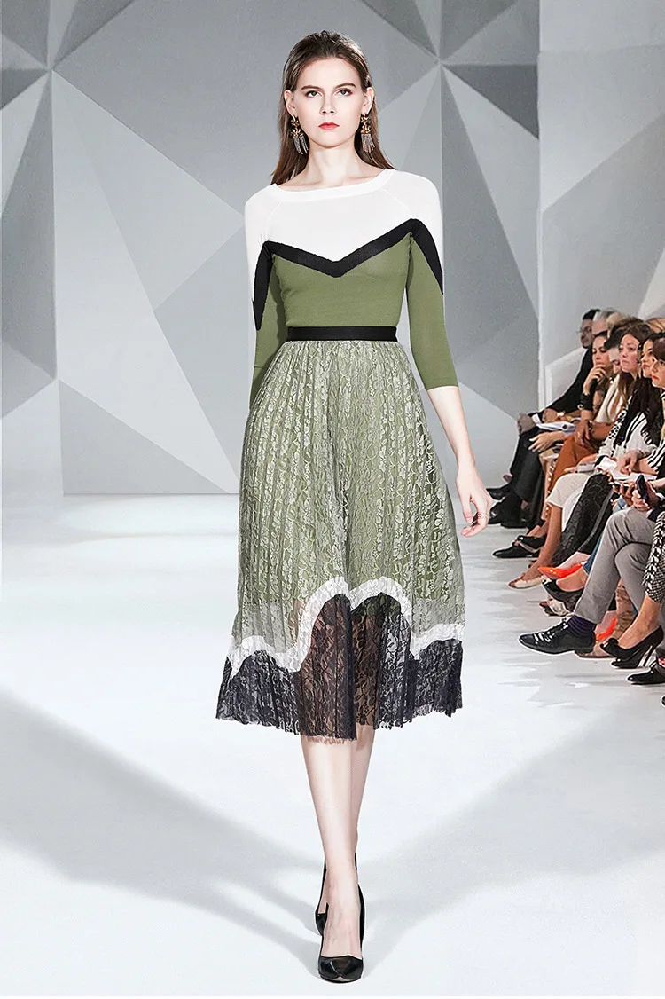 

New Style Fashion Knitted Jacket + Elegant Slimming Western Style Lace Pleated Skirt Two-Piece Set