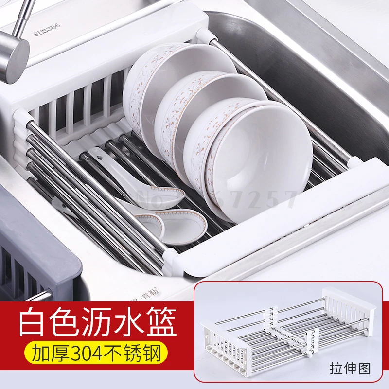 Kitchen Racks Without Holes Stainless Steel Sink Telescopic Basket Dish Dishes Bowl Chopsticks Drain Rack kitchen organizer - Цвет: Армейский зеленый