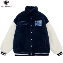 

Aolamegs Winter Furry Baseball Jacket Men Letter Patches Hit Color Patchwork Warm Outwear Vintage College Style Coats Streetwear