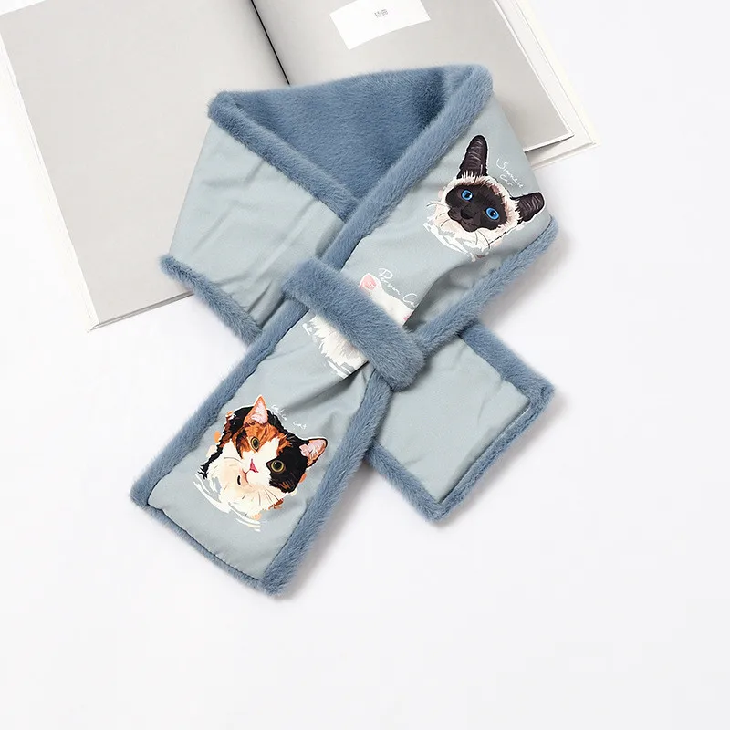 Cartoon Animal Print Scarf Women Sweet Splicing Color Faux Fur Plush Cross Thick Scarf Girls Elegant Fluffy Winter Warm Scarves - Цвет: 7