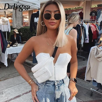 

Darlingaga Fashion Strapless White Bodycon Bustier Top Zipper Festival Sexy Party Crop Tops Solid Summer Tube Top Bandeau Tanks
