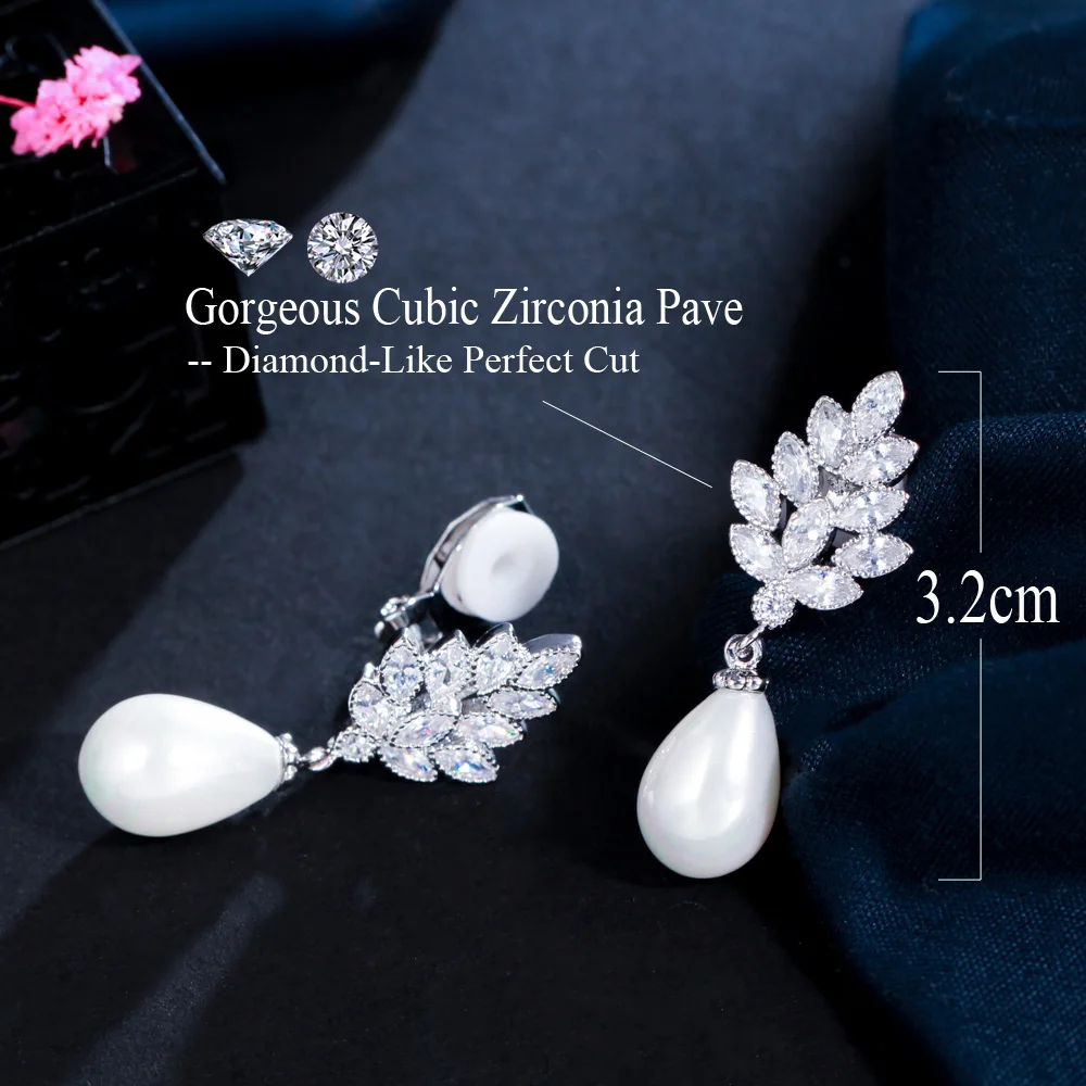 Shiny Cubic Zirconia Pave Leaf Shape Dangling Pearl Non Pierced Ear Clips Earrings For Women ear clip earrings,clip earrings,ear clip,ear accessories
