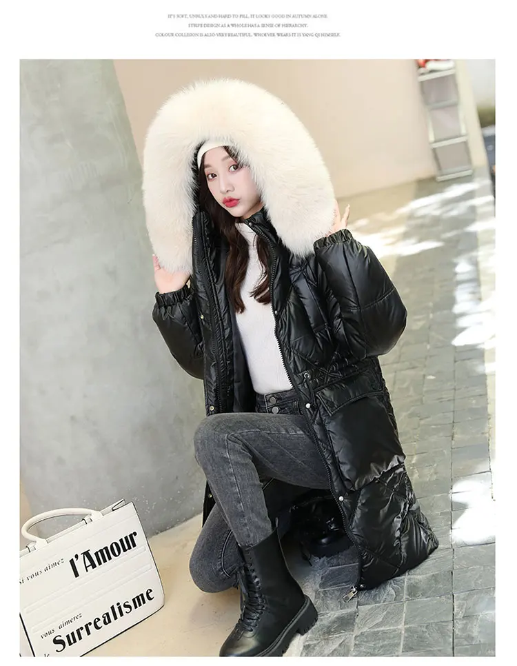 

Winter Jacket Glossy Parkas Women 2021 New Long Hooded Jackets Cotton Coat Korean Fashion Casual Chic Warm Coats Y441