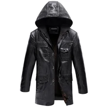 Idopy Winter Warm Men`s Long Faux Leather Jacket With Detachable Hood Fleece PU Faux Leather Trench Coat Jacket Hoodie