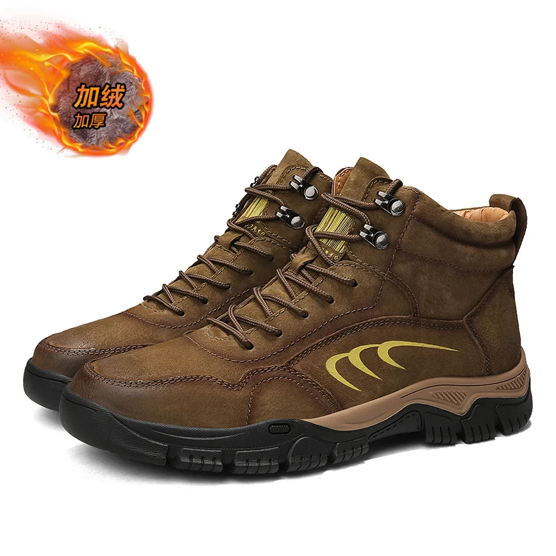 Leather Men Outdoor Hiking Boots Autumn Winter Mens Mountaineering Boots With Fur Trekking Hunting Sneaekrs Mens Trails Shoes - Цвет: Zong-Fur