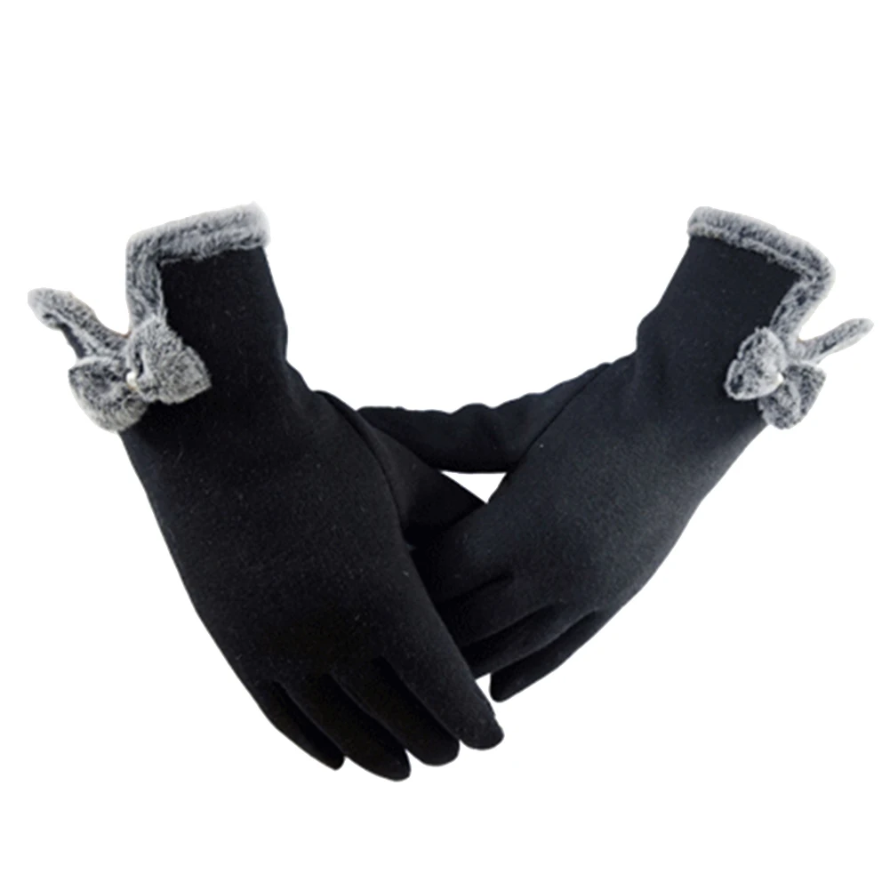 Зимние уличные перчатки с сенсорным экраном, теплые бархатные перчатки с подкладкой, перчатки с бантом на пальцах, модные элегантные женские перчатки