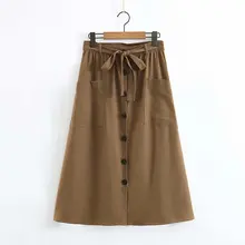 Женская льняная юбка в стиле сафари с декоративными карманами и поясом, Женская юбка на пуговицах, повседневные шикарные юбки миди vestidos QUN356