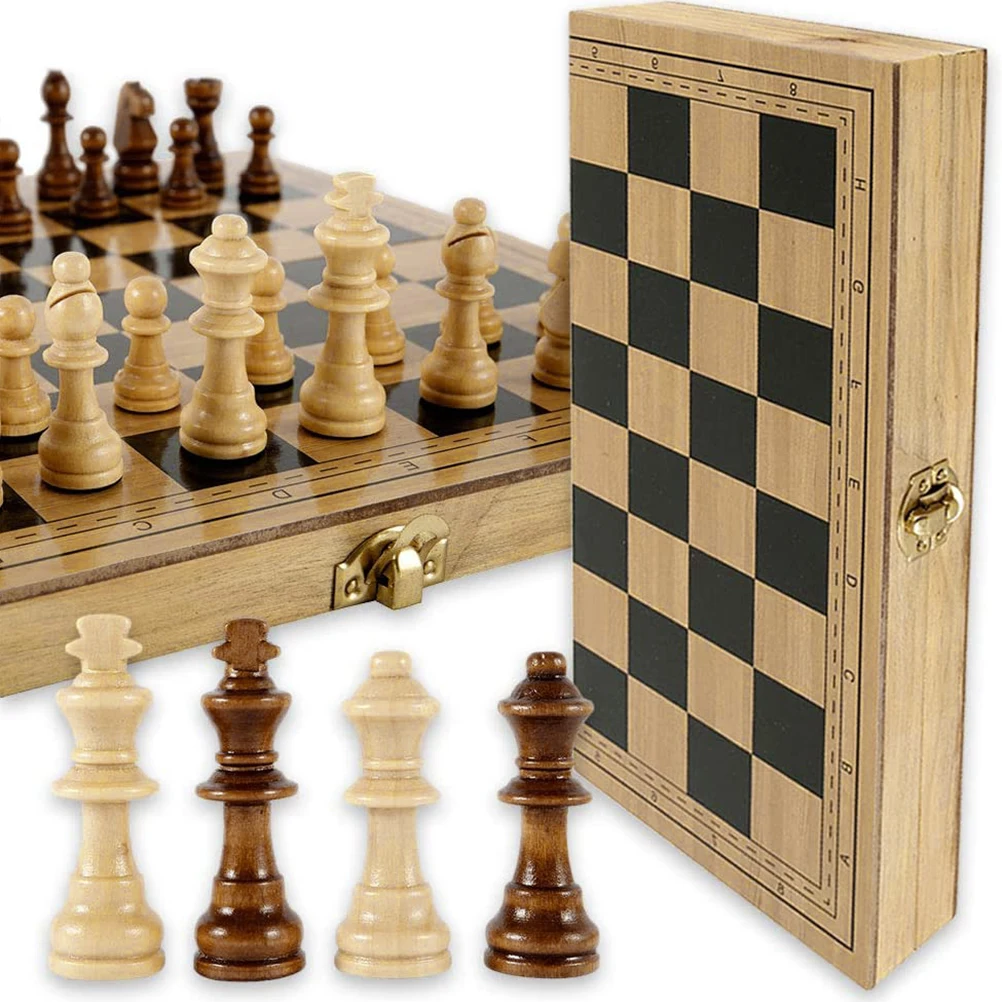 Wooden Chess Game Set Large Wood Board Folding Storage Box Hand Carved Piece 