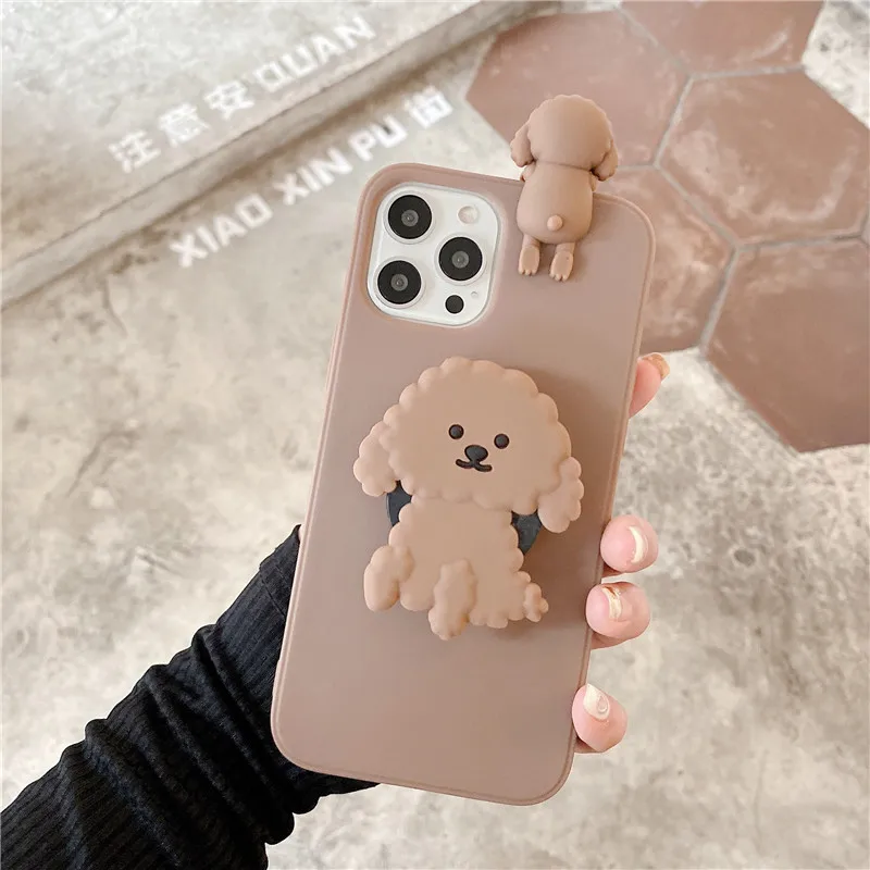 Super cute Cartoon 3D Teddy dog Dinosaur stand holder soft  case for iphone 12 Pro MAX 11 7 8 XS XR 13 plus lovely unicorn cover iphone 13 pro phone case