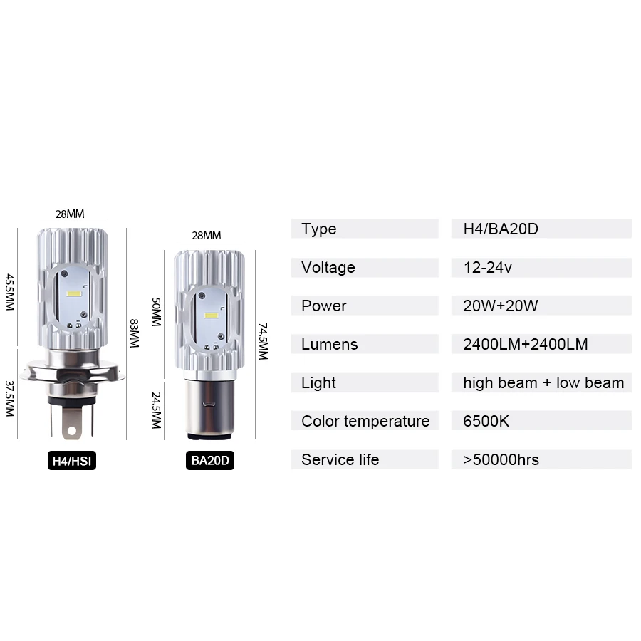 2 шт. 12 в 40 Вт h4 светодиодный мото лампа Ba20d moto rcycle фара 6500K 4800LM светодиодный hi \ lo луч Универсальный h4 Hs1 Bombilla светодиодный H4 moto