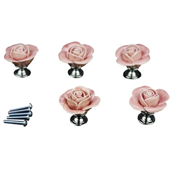 

5 x Pink Door Furniture Ceramic Handle Antique Button Screws Included Elegant Design Rose shaped