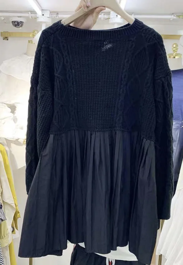 [EWQ] Осень, круглый вырез, длинный рукав, узор, имитация двух частей, вязаный пуловер, уличная одежда, женское платье 19C-a119-01-0