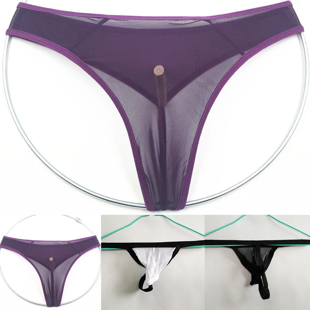 Men's Thong Underwear See-through G-Strings Pouch Breathable Briefs Panties Romantic Purple Sexy  T Pants