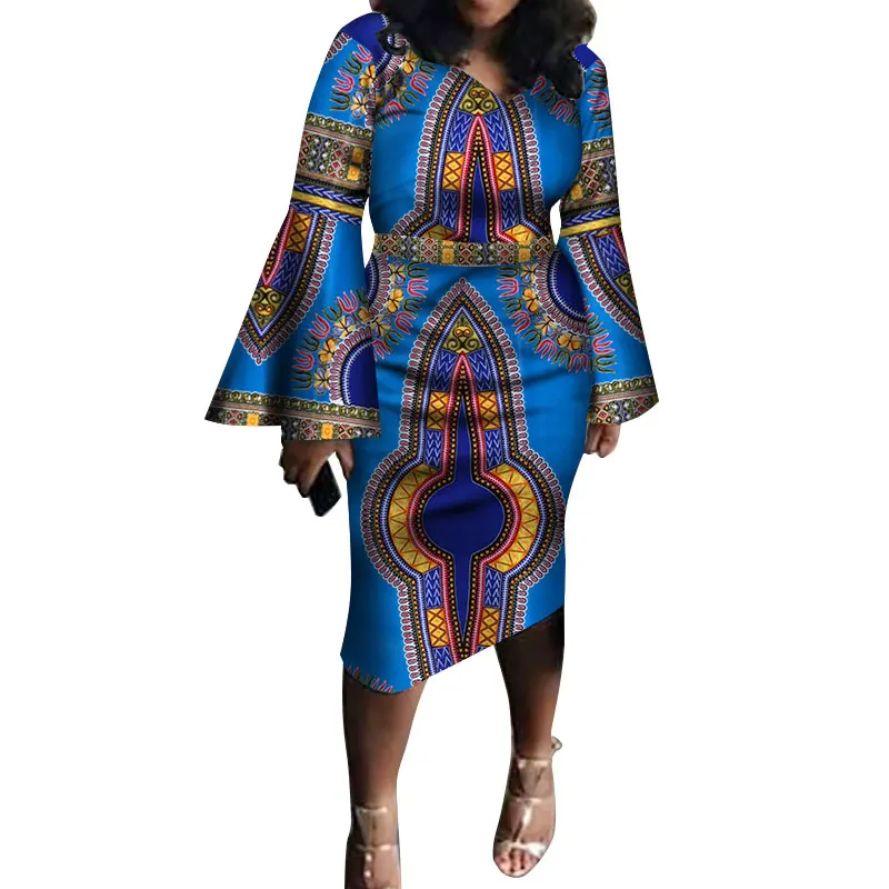 Осеннее модное платье с расклешенными рукавами Bazin Riche, традиционные африканские хлопковые платья с принтом, женское повседневное короткое платье с v-образным вырезом