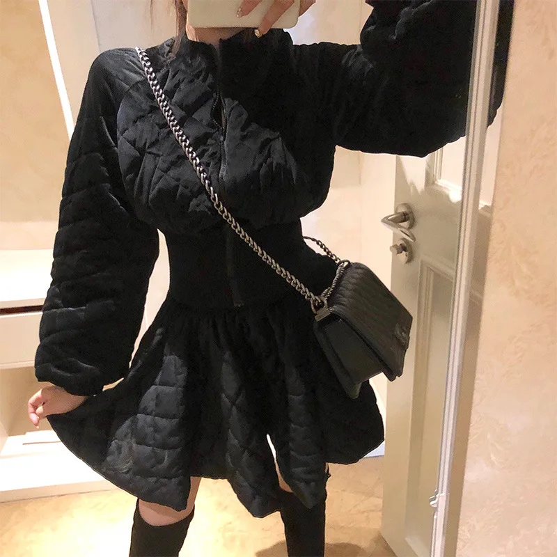 

Fashion Rhomboid Velvet Suit Woman 2019 Autumn and Winter Body Zipper Short Coat A-shaped Umbrella Black Skirt Two-piece Suit
